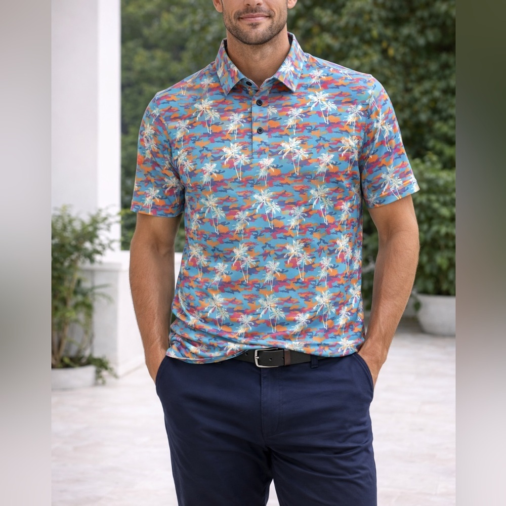 CON.STRUCT Performance Polo Shirt Large Camo Palm Tree Quick Dry Stretch